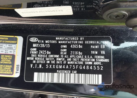 2015 Kia Optima Lx из США, поврежденный, VIN 5XXGM4A75FG484552